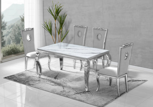 Salle à manger marbre blanc chaises velours gris argent - NEO New Design