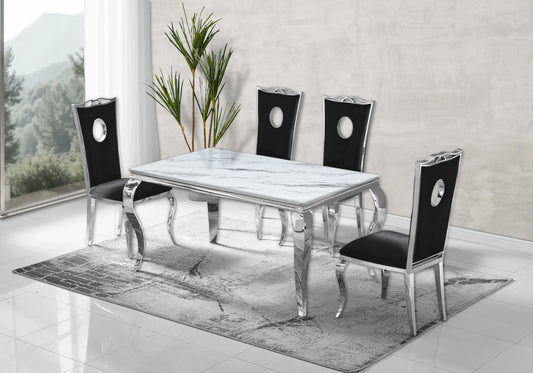 Salle à manger marbre blanc chaises velours noir argent - NEO New Design