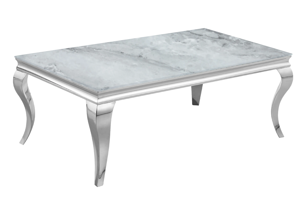 Salle à manger marbre gris chaises simili-cuir blanc argent - NEO New Design