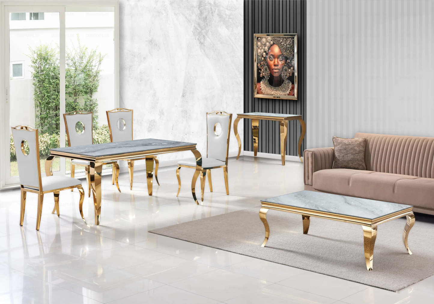 Salle à manger marbre gris chaises simili-cuir blanc doré - NEO New Design