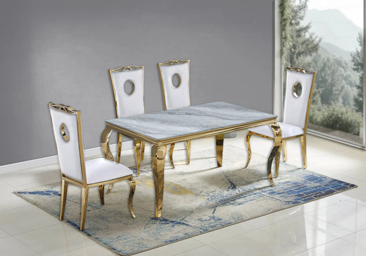 Salle à manger marbre gris chaises simili-cuir blanc doré - NEO New Design