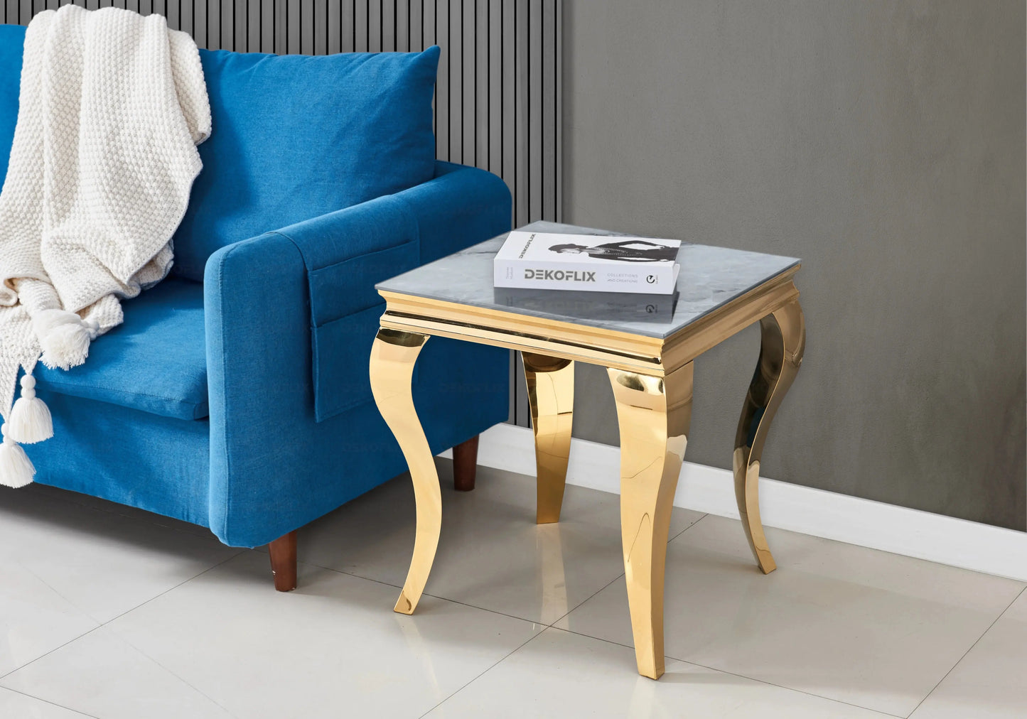Salle à manger marbre gris chaises simili-cuir blanc doré - NEO New Design