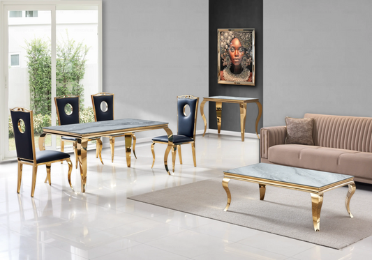 Salle à manger marbre gris chaises simili-cuir noir doré - NEO New Design