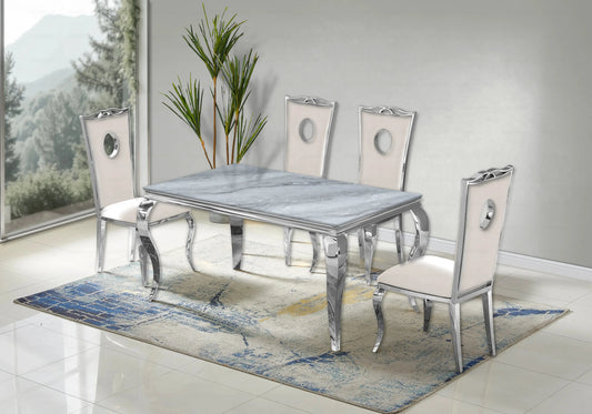 Salle à manger marbre gris chaises velours beige argent - NEO New Design