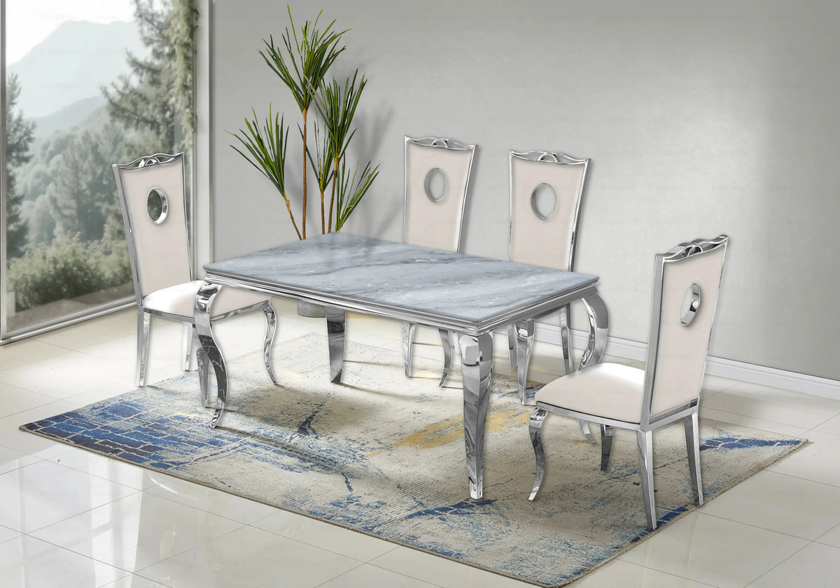 Salle à manger marbre gris chaises velours beige argent - NEO New Design