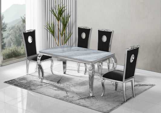 Salle à manger marbre gris chaises velours noir argent - NEO New Design