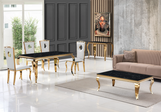 Salle à manger marbre noir chaises simili-cuir blanc doré - NEO New Design