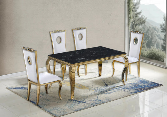 Salle à manger marbre noir chaises simili-cuir blanc doré - NEO New Design