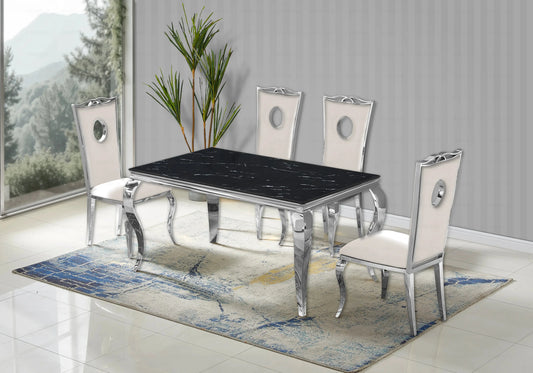 Salle à manger marbre noir chaises velours beige argent - NEO New Design