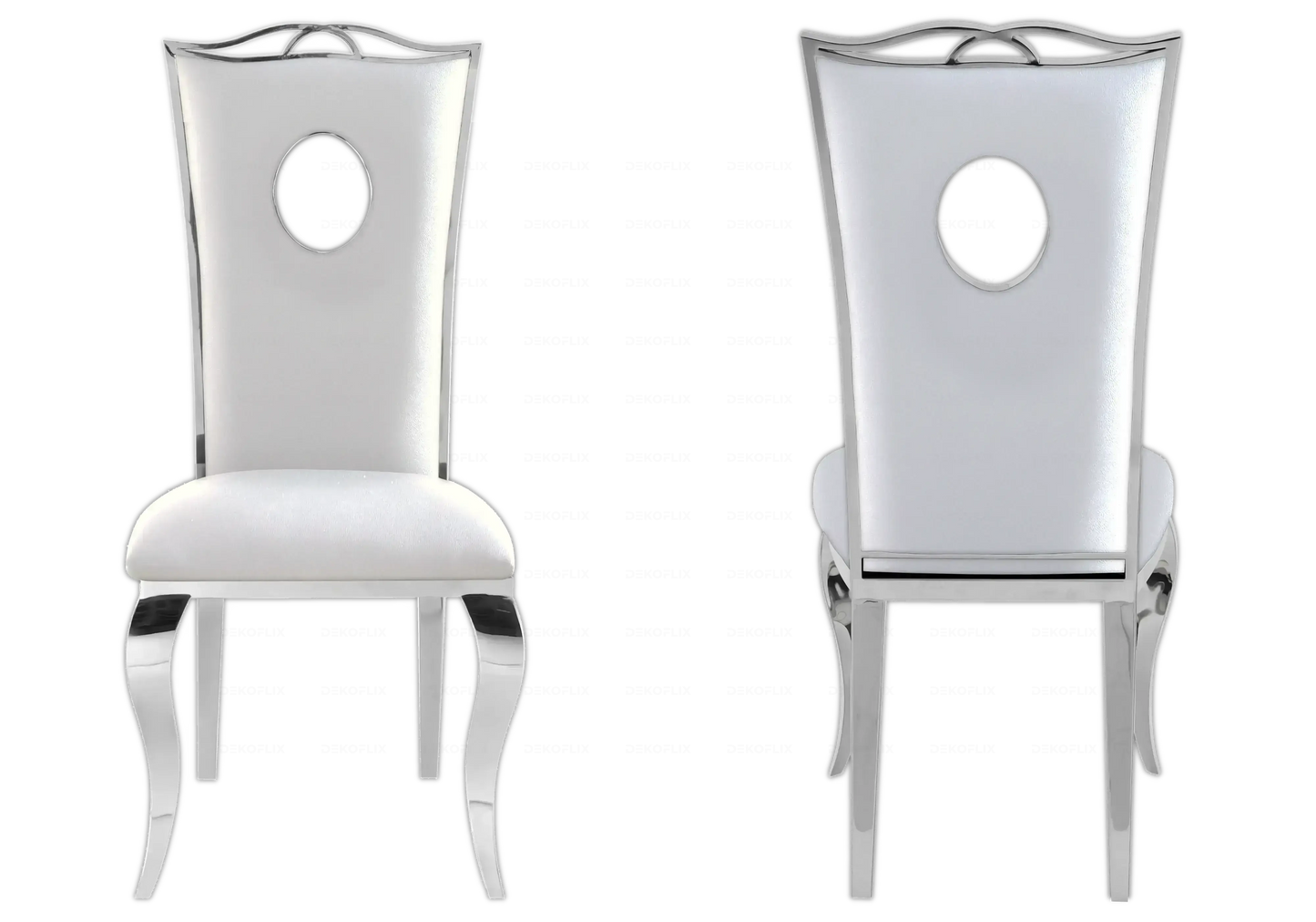 Salle à manger marbre gris chaises simili-cuir blanc argent - NEO New Design