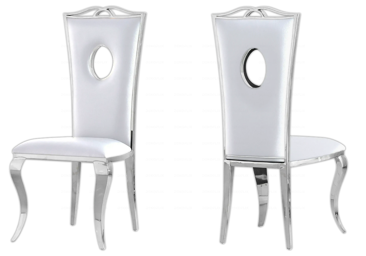 Salle à manger marbre gris chaises simili-cuir blanc argent - NEO New Design