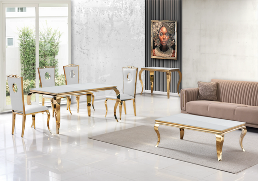 Salle à manger verre blanc chaises simili-cuir blanc doré - NEO New Design