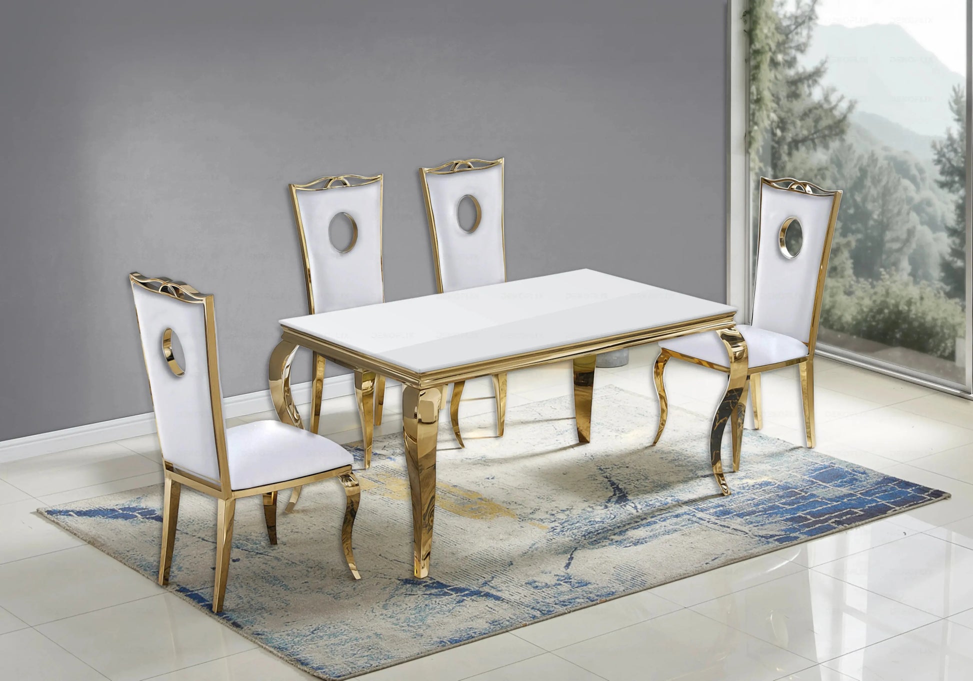 Salle à manger verre blanc chaises simili-cuir blanc doré - NEO New Design