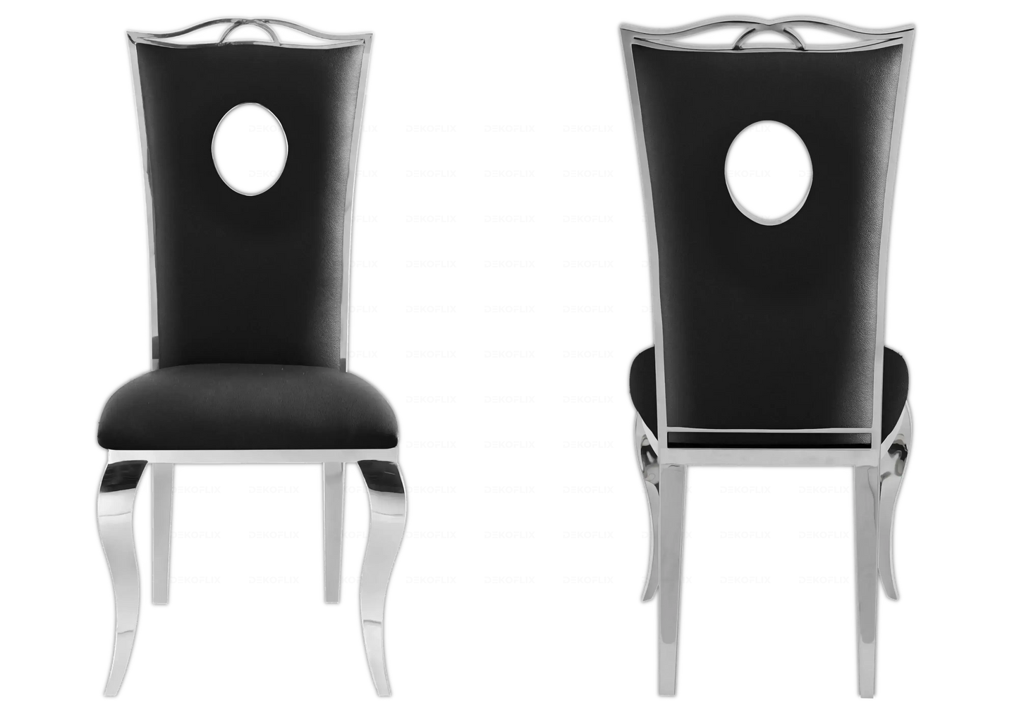 Salle à manger marbre gris chaises simili-cuir noir argent - NEO New Design