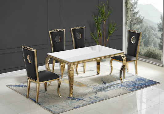 Salle à manger verre blanc chaises simili-cuir noir doré - NEO New Design