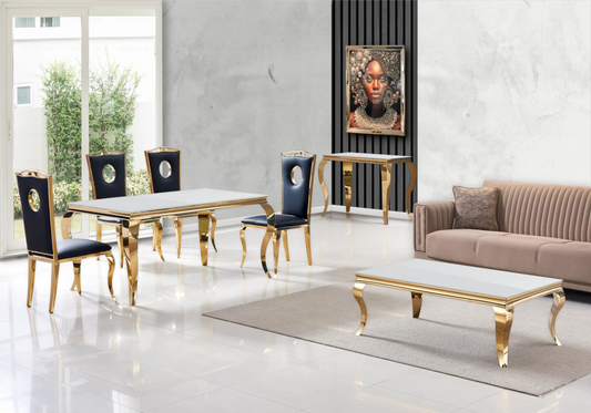 Salle à manger verre blanc chaises simili-cuir noir doré - NEO New Design