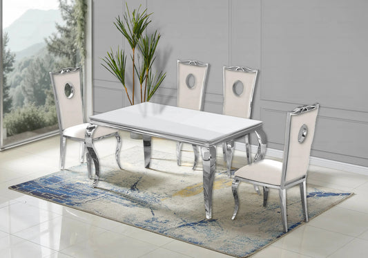 Salle à manger verre blanc chaises velours beige argent - NEO New Design