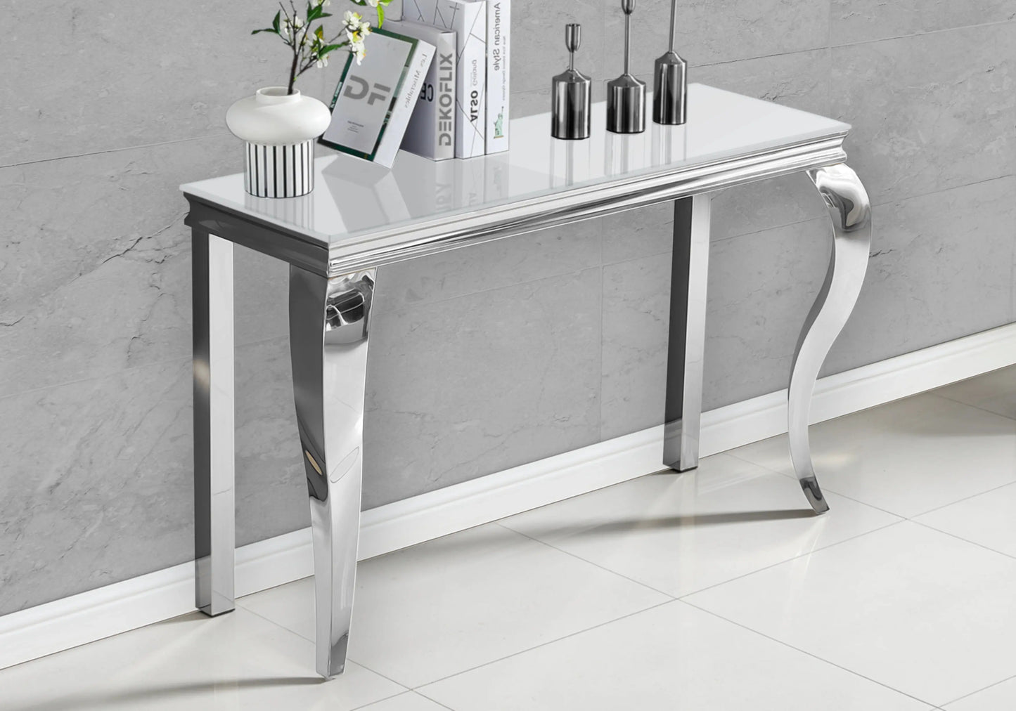 Salle à manger verre blanc chaises velours beige argent - NEO New Design