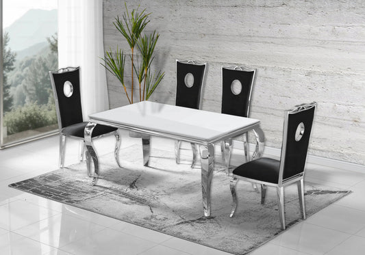 Salle à manger verre blanc chaises velours noir argent - NEO New Design