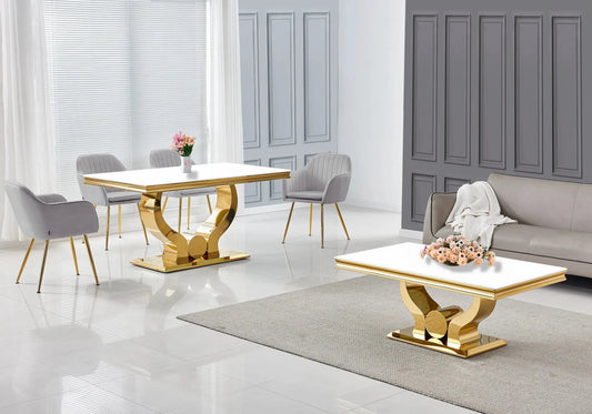 Salle à manger verre blanc doré avec chaises gris NEA New Design