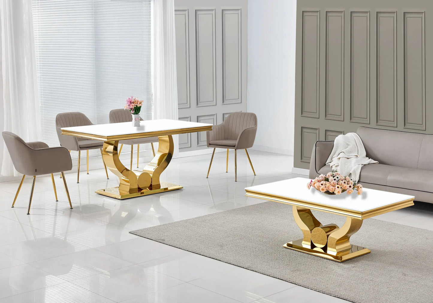 Salle à manger verre blanc doré avec chaises taupe NEA New Design