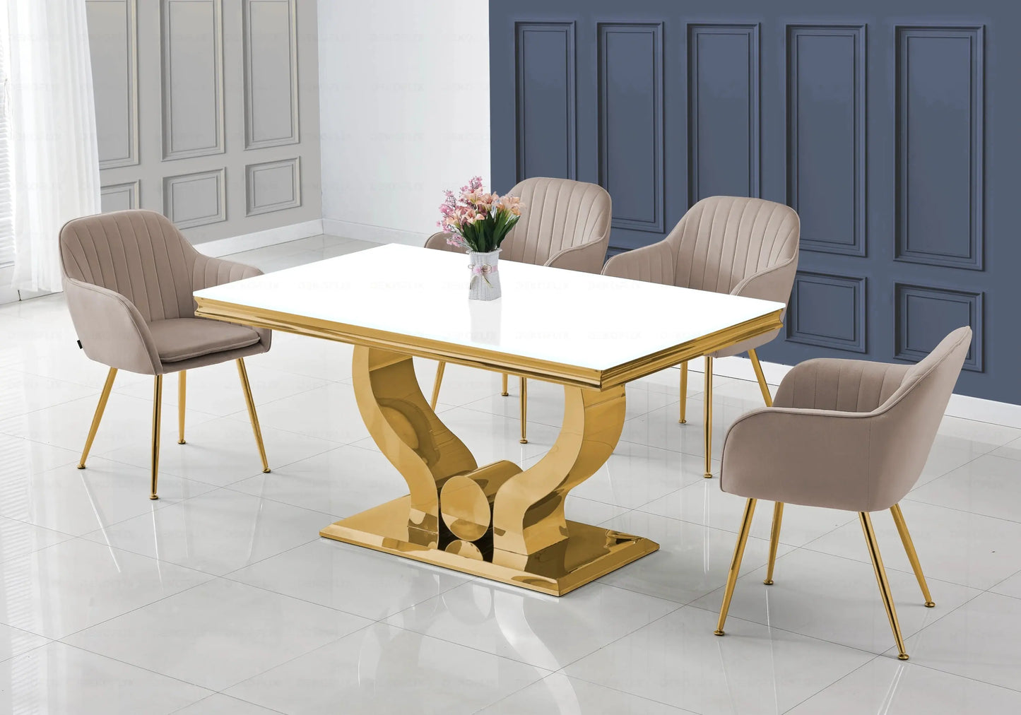 Salle à manger verre blanc doré avec chaises taupe NEA New Design