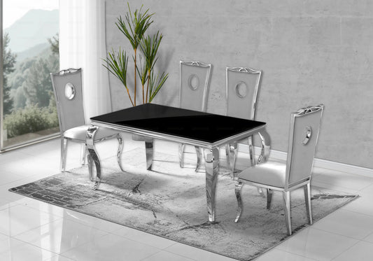 Salle à manger verre noir chaises velours gris argent - NEO New Design