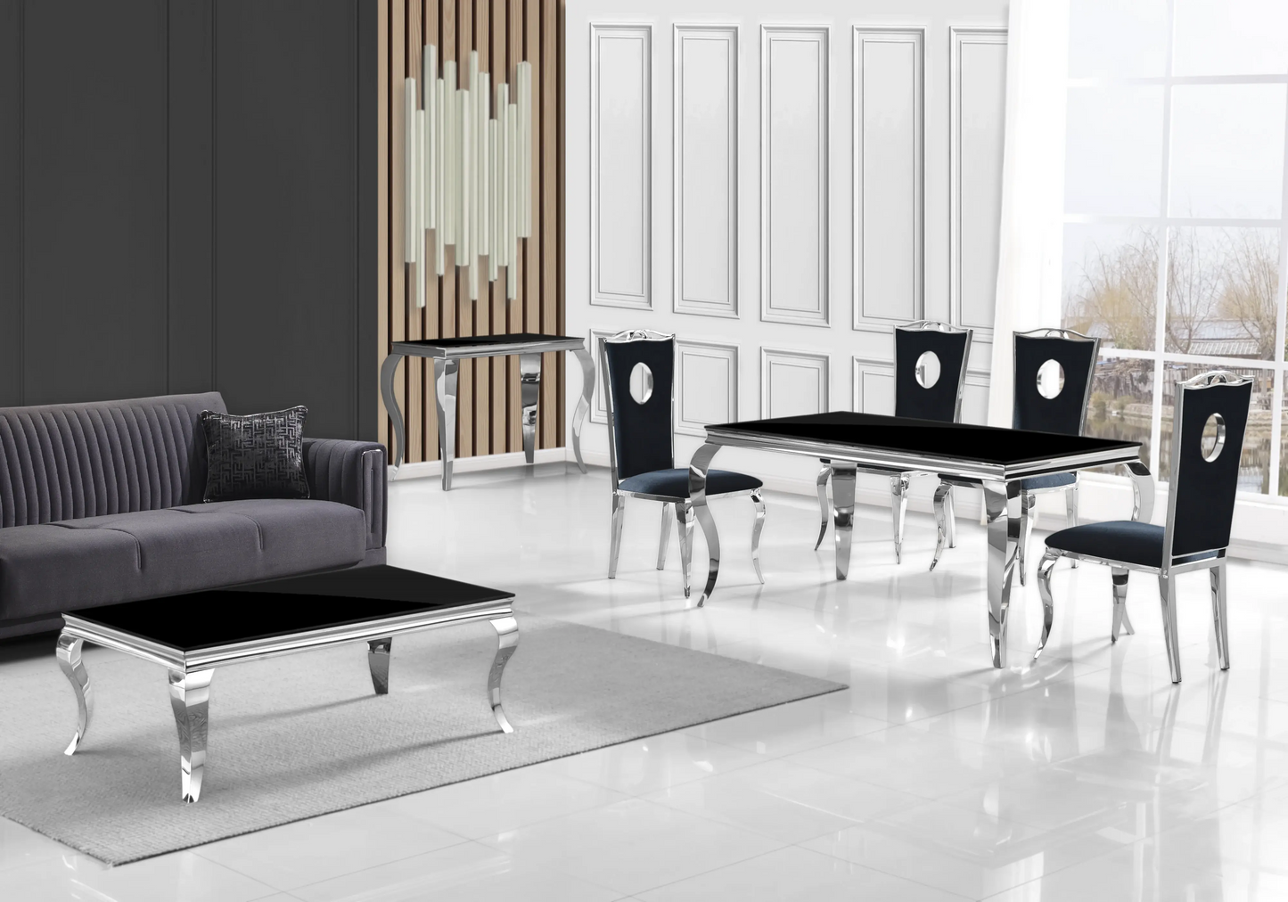 Salle à manger verre noir chaises velours noir argent - NEO New Design