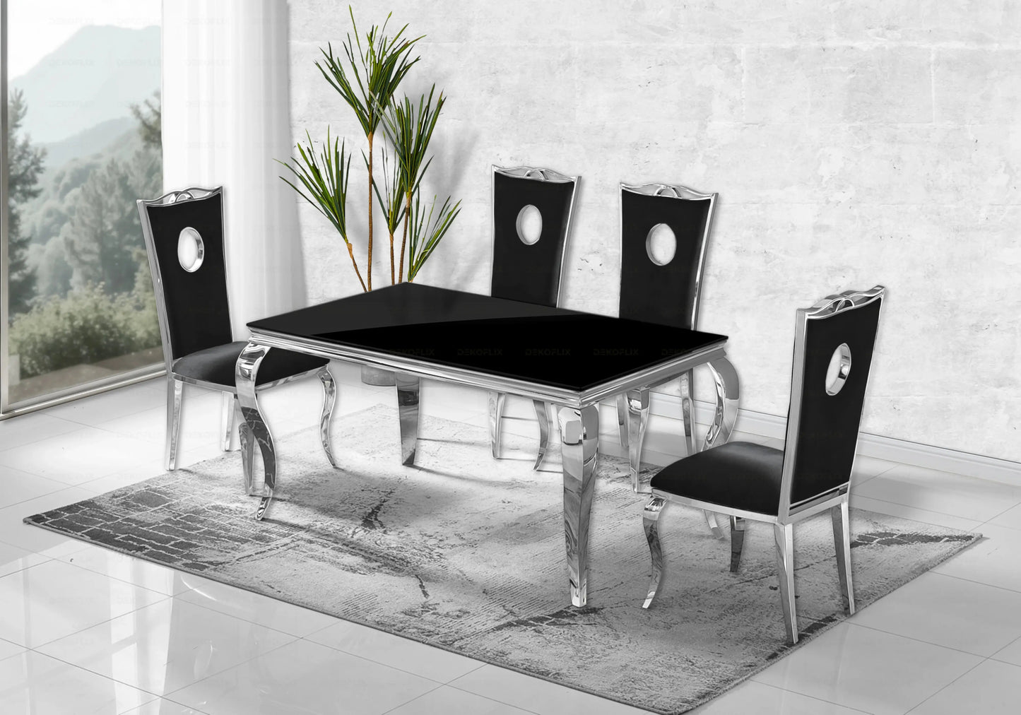 Salle à manger verre noir chaises velours noir argent - NEO New Design