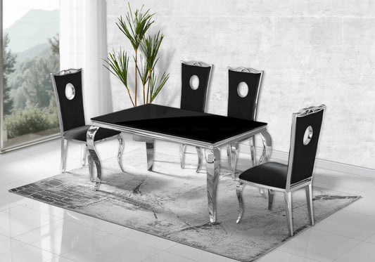 Salle à manger verre noir chaises velours noir argent - NEO New Design