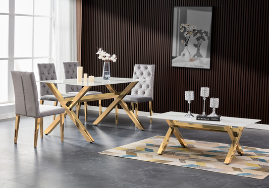 Table basse marbre blanc pieds X dorés – Cross
