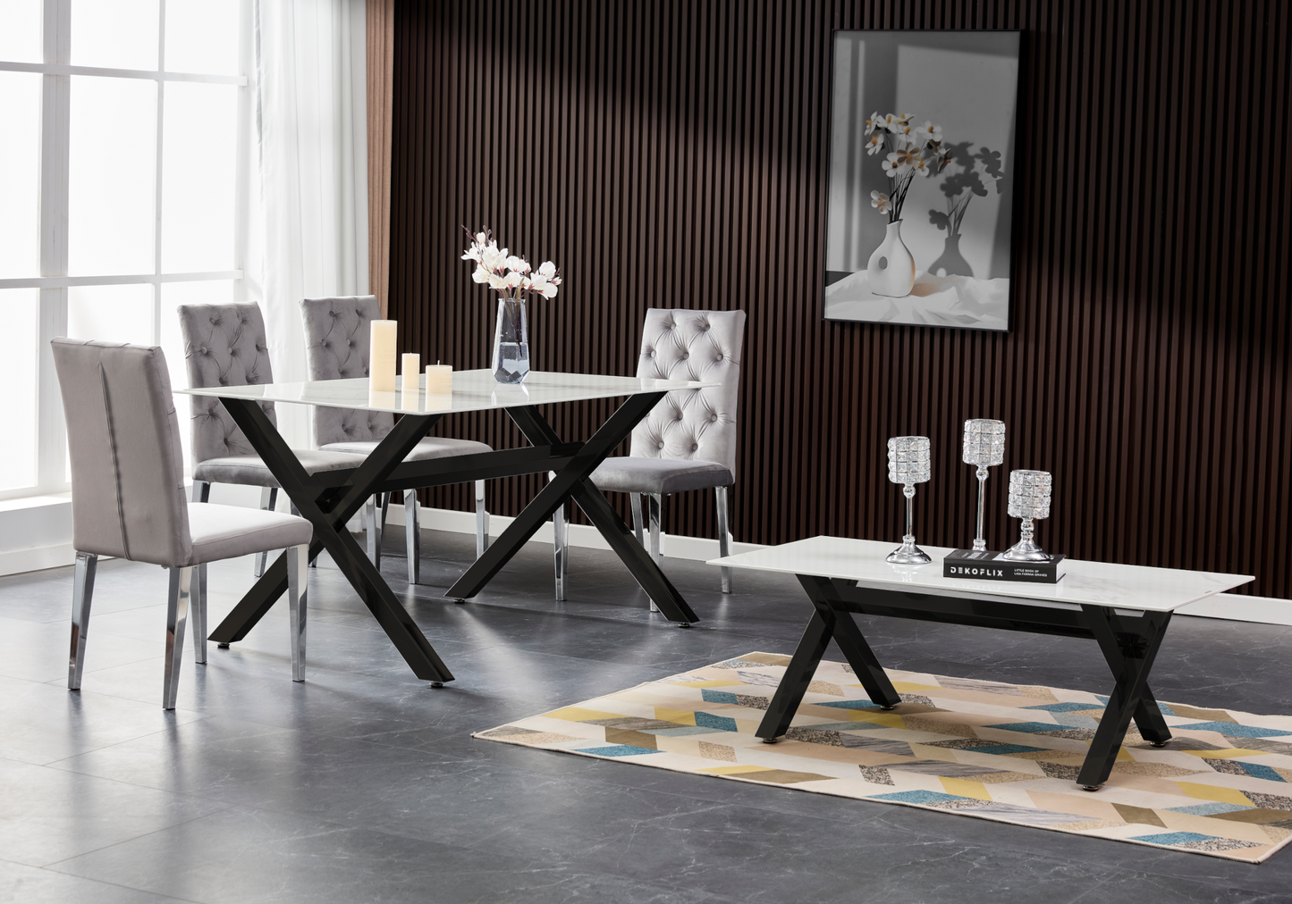 Table basse marbre blanc pieds X noirs – Cross