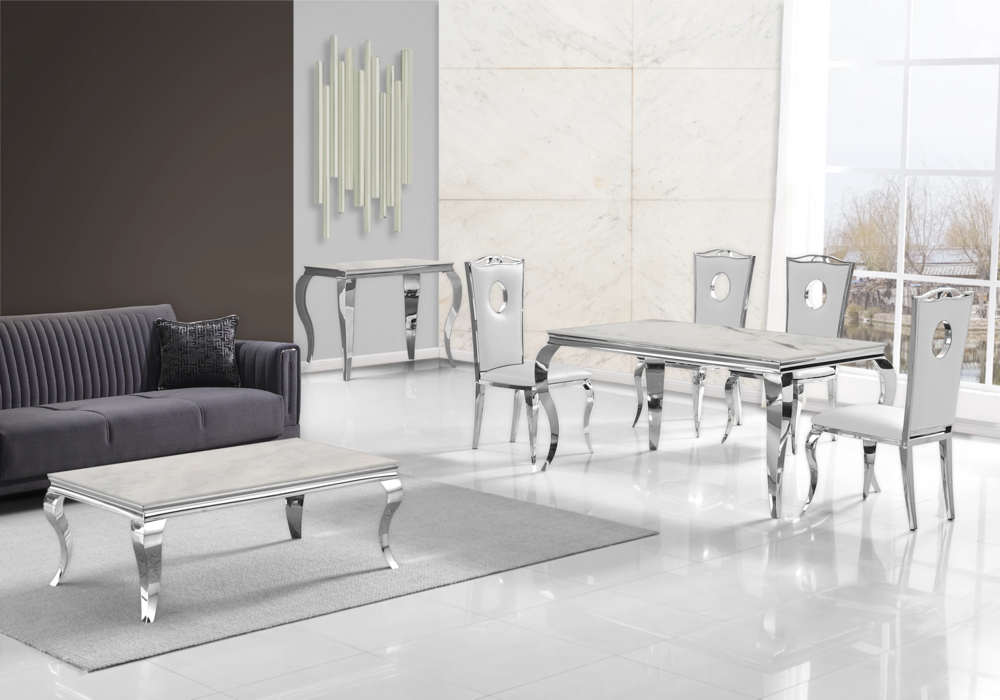 Table basse marbre beige pied argent - NEO