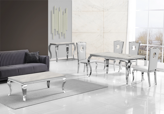 Table marbre beige et chaises simili-cuir blanc argent – NEO