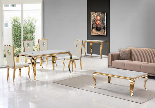 Salle à manger marbre beige chaises velours beige doré – NEO