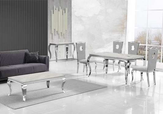 Table marbre beige et chaises velours gris argent – NEO