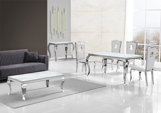 Table marbre blanc et chaises simili-cuir blanc argent – NEO