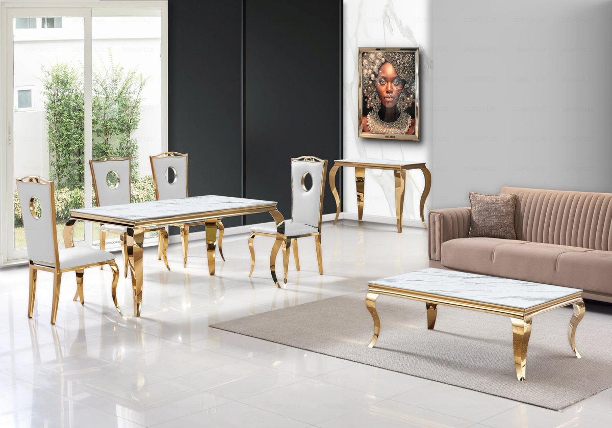 Ensemble table marbre blanc et 4 chaises or – Neo