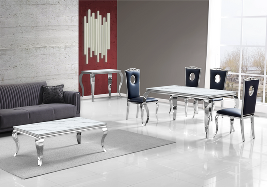 Table marbre blanc et chaises simili-cuir noir argent – NEO