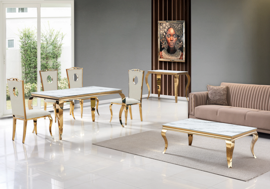 Salle à manger marbre blanc chaises velours beige doré - NEO