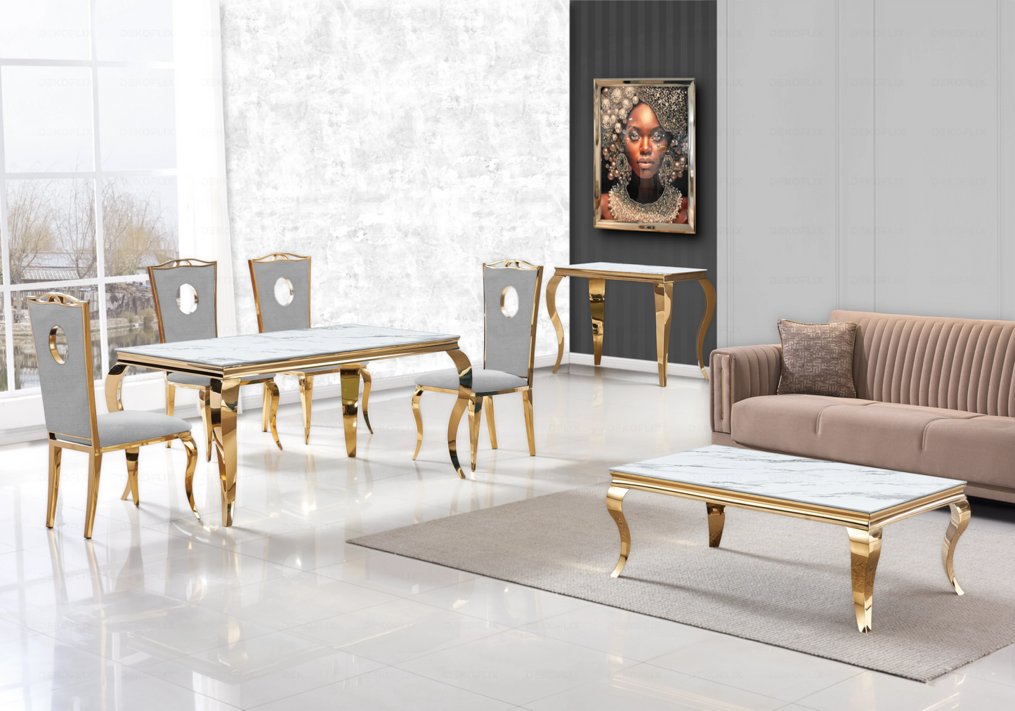 Table marbre blanc et chaises velours gris doré – NEO