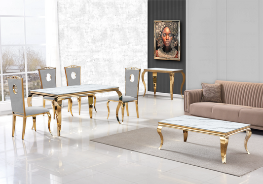 Table marbre blanc et chaises velours gris doré – NEO