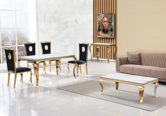 Salle à manger marbre blanc chaises velours noir doré - NEO