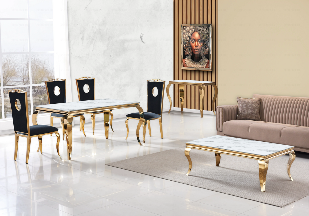 Salle à manger complète marbre blanc et or – Neo