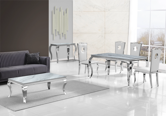 Table marbre gris et chaises simili-cuir blanc argent – NEO