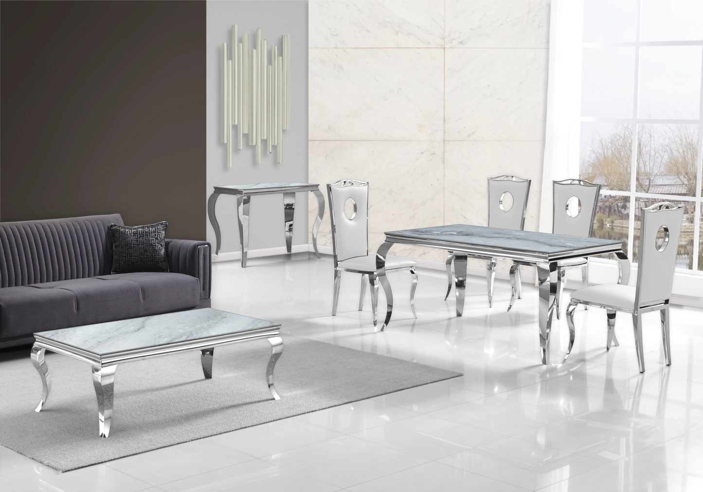 Ensemble table marbre gris et 4 chaises argent – Neo