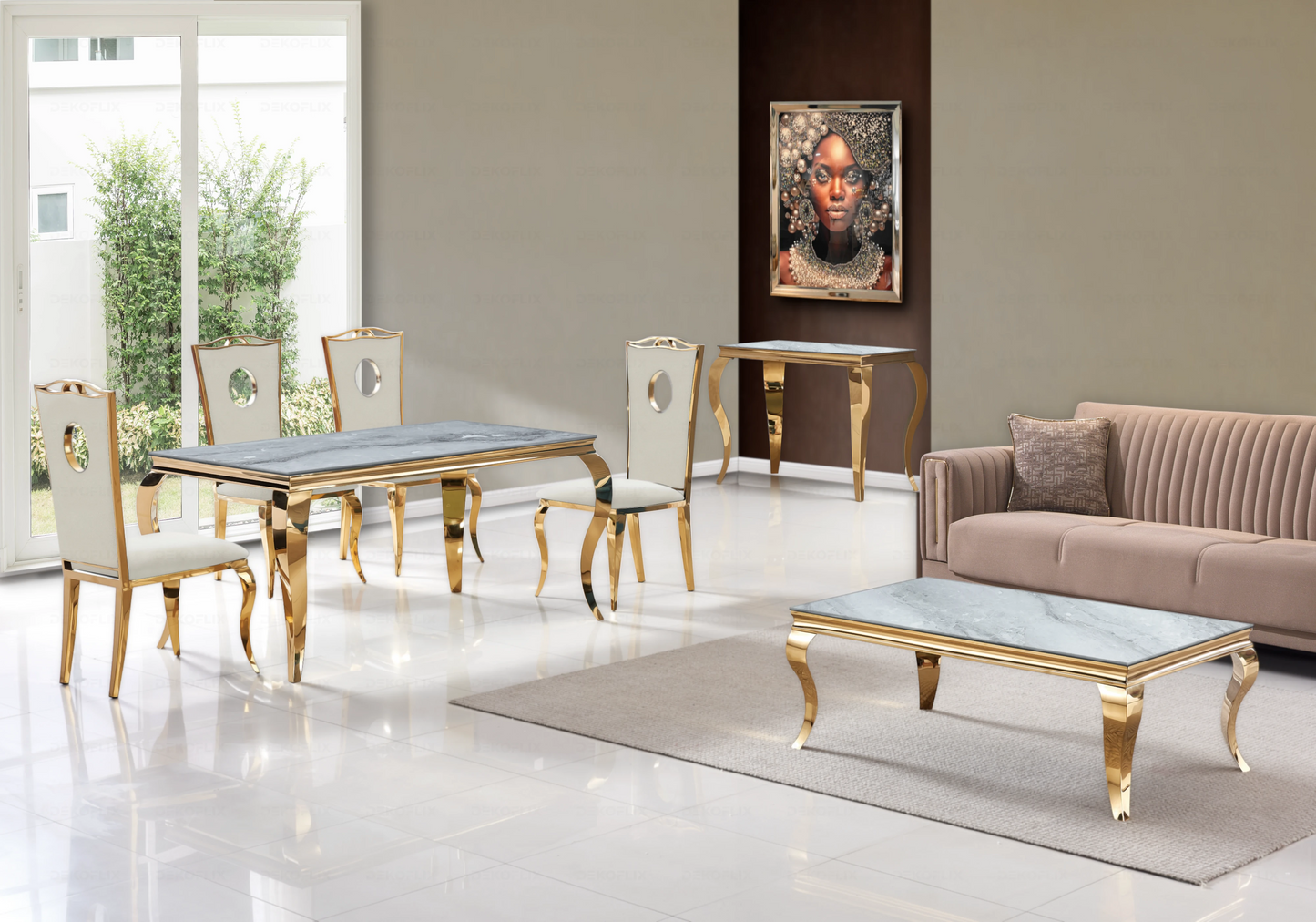 Table marbre gris et chaises velours beige doré – NEO
