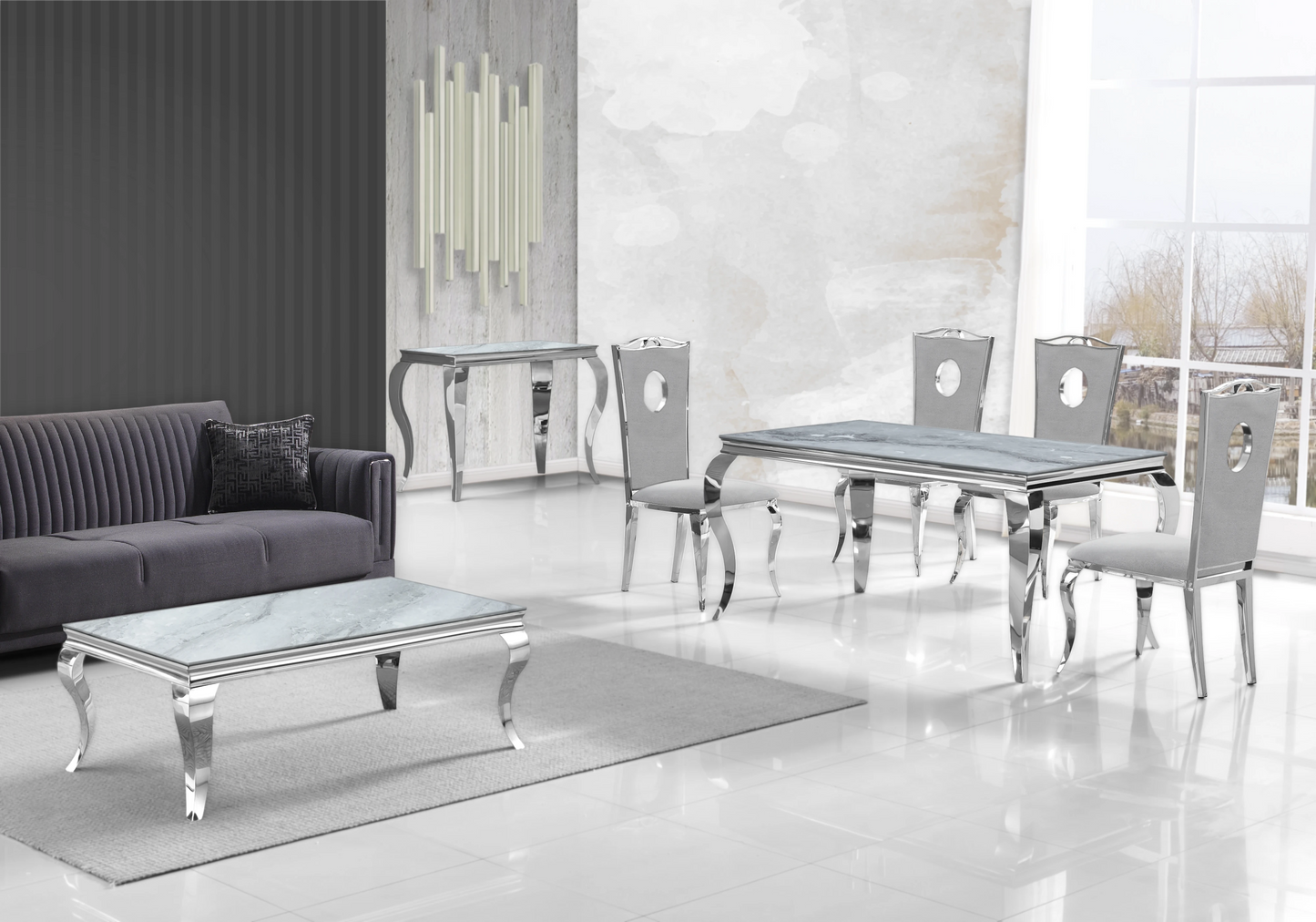 Console design marbre gris pied argent – NEO