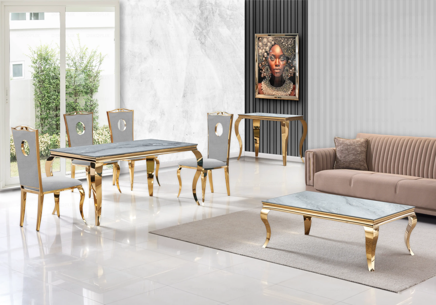 Table marbre gris et chaises velours gris doré – NEO