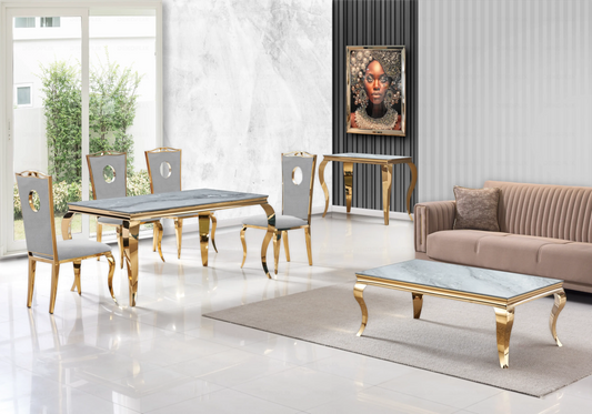 Salle à manger marbre gris chaises velours gris doré - NEO